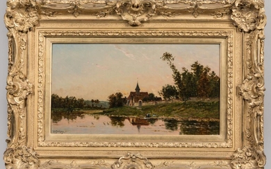 Lot 61 Hippolyte Camille DELPY (1842-1910). Lavandière dans un paysage à la tombée du jour. Huile sur panneau. Signé en...