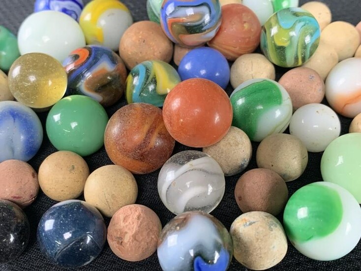Lot Of 55 Antique Vintage Marbles, Clay, Glass, Etc.