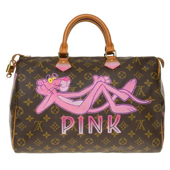 Louis Vuitton - Sac Speedy 35 en toile Monogram customisé "Pink Panther III" by PatBo Handbag