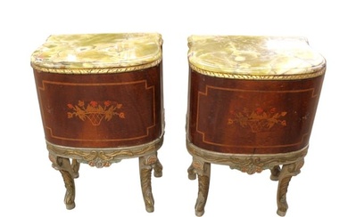 MATCH pair antique nightstands French inlaid exotic onyx top