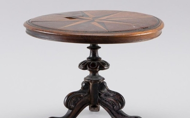 MINIATURE MAHOGANY TEA TABLE Circular molded-edge top inlaid with an eight-point star. Tripod base with floriform knop and three scr...