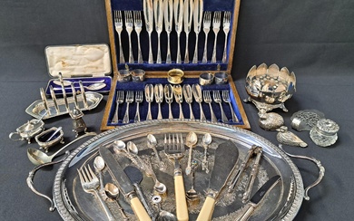 MIXED LOT OF SILVER PLATE including an oval tray, toast rack...