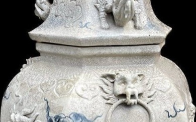 MONUMENTAL FLOOR VASE Antique Chinese Dragon & Lizards Huge Heavy Ceramic Jar Urn 35 inches