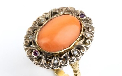 Mediterranean coral gold and silver ring