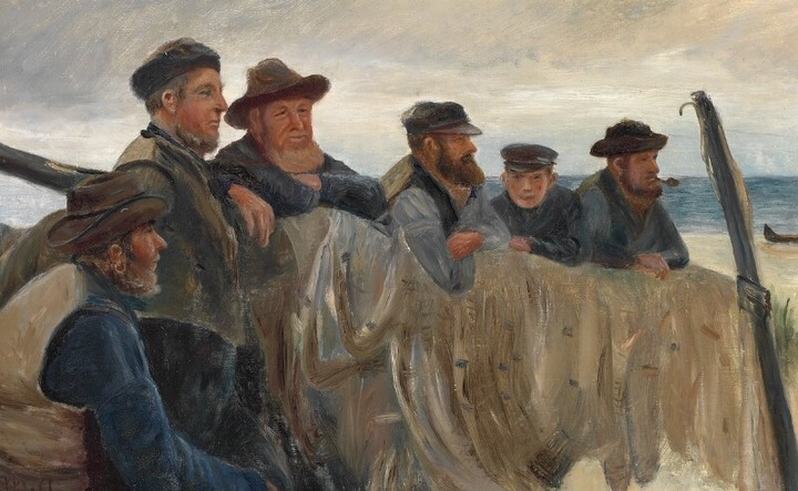 Michael Ancher: A group of fishermen looking out over the sea. Signed M. A. Oil on canvas. 36×57 cm.