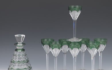 Mid Century Modern Green and Clear Decanter with Glasses