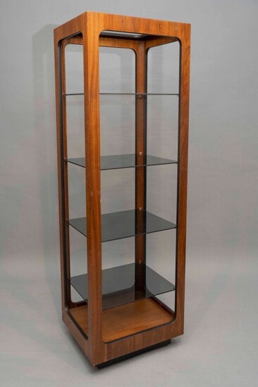 Mid-Century walnut etagere bookcase with glass shelves.