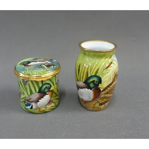 Moorcroft enamel baluster vase and box, in duck pattern, wi...