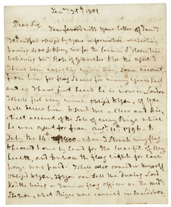 NELSON, Horatio, Viscount (1758-1805). Autograph letter signed ('Nelson & Bronte') to John Jackson, n.p., 25 January 1801.