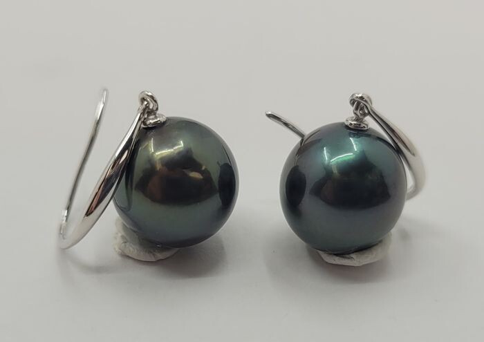 NO RESERVE PRICE - 9x10mm Peacock Tahitian Pearls - 14 kt. White gold - Earrings