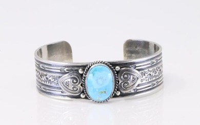 Native America Navajo Handmade Sterling Silver Turquoise Bracelet By Sunshine Reeves.