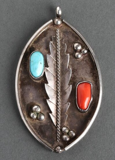 Native American Silver Turquoise & Coral Pendant