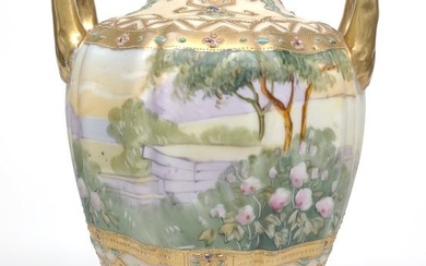 Nippon Landscape Jeweled Bolted Urn Vase