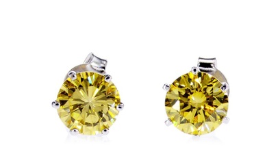 No Reserve- 1.40 Tcw VS1 Fancy Vivid Yellow Round Diamond Earrings - 14 kt. White gold - Earrings - Colour Treated Diamond