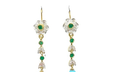 No Reserve Price - Earrings - 9 kt. Silver, Yellow gold Turquoise - Emerald