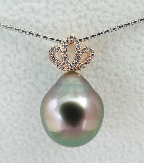 No Reserve Price - Tahitian pearl, Pink Peacock Drop-Shaped 11.04 X 12.98 mm - Pendant, 18 kt. Rose Gold - Diamonds