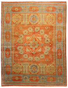 ORIENTAL RUG: MAMLUK DESIGN 9'1" x 11'10" Central gabled medallion is orbited by several smaller moss green, periwinkle blue and rus.