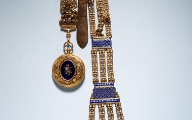 ORNATE GOLD AND COBALT ENAMEL CHATELAINE WITH POCKET WATCH.