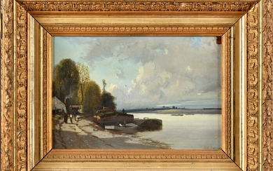 Octave Alfred SAUNIER (1842/43-1887) Bords de Seine Huile sur panneau Signé en bas à droite...