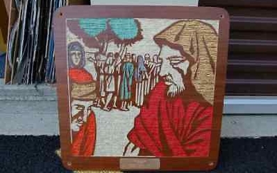 Older wood plaque with etched scene: "The ten lepers"