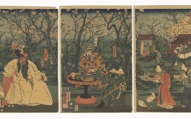 Original woodblock print triptych - Washi paper - Garden - Utagawa Kuniyoshi (1797-1861) - 'Brotherhood Pledge in the Peach Garden' - From the series "A Popular Romance of the Three Kingdoms" - Japan - 1853 (Kaei 6), 3rd month