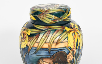 'Otters' a modern limited edition Moorcroft Pottery large ginger jar and cover designed by Sian