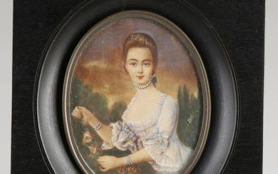 Oval miniature portrait of a lady with pearl necklace.