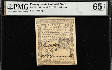 PA-155. Pennsylvania. April 3, 1772. 18 Pence. PMG Gem Uncirculated 65 EPQ.