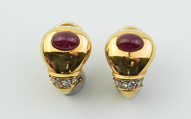 PAIR 18K YELLOW GOLD, DIAMOND AND RUBY CABOCHON, CONTEMPORARY DESIGN...