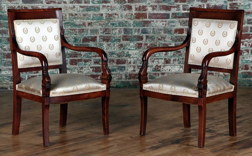 PAIR ANTIQUE RESTORATION UPHOLSTERED ARM CHAIRS