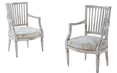 PAIR ITALIAN DIRECTOIRE PAINTED AND GILT OPEN ARM CHAIRS C...