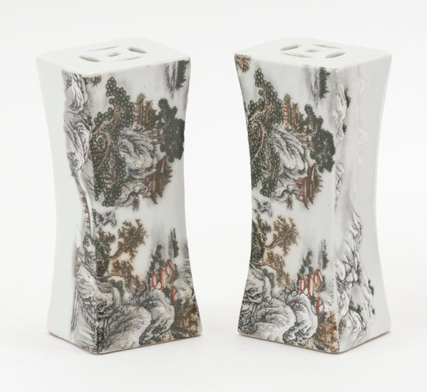 PAIR OF CHINESE MINIATURE PORCELAIN PILLOWS In modified rectangular form, with winter landscape designs. Six-character Qianlong mark...