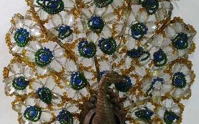 PEACOCK FORM GOLD METAL LAMP W/GLASS BEADED TAIL 18" X 15" X 7 1/2"