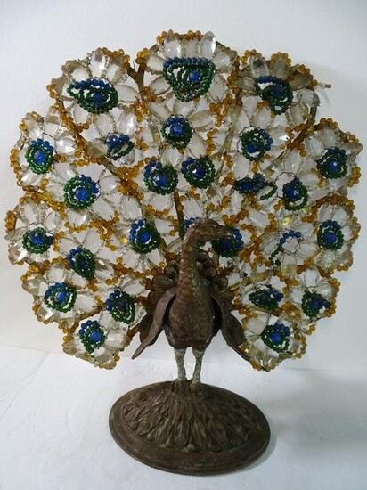 PEACOCK FORM GOLD METAL LAMP W/GLASS BEADED TAIL 18" X 15" X 7 1/2"
