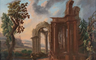Maestro del XVIII secolo Paesaggio con architetture e figure cm...