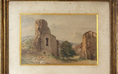 Paesaggio con ruderi, acquarello su carta, cm 30,5x45,5, firmato e datato, XIX secolo, entro cornice