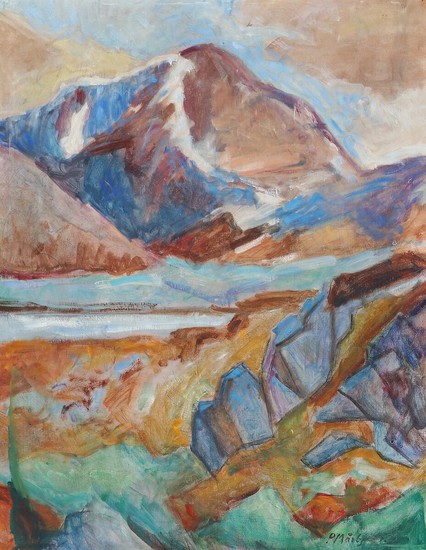 Painter unknown, 20th century: Mountain landscape. Signed P. Mårbjerg? Oil on canvas. 76.5×59.5 cm.
