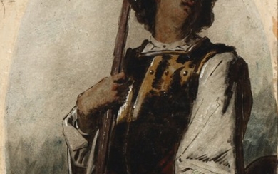 Painter unknown, second half of 19th century: Saint George and the dragon. Unsigned. Oil and pencil on canvas laid on cardboard. c. 48×33.5 cm.