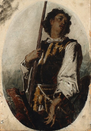Painter unknown, second half of 19th century: Saint George and the dragon. Unsigned. Oil and pencil on canvas laid on cardboard. c. 48×33.5 cm.