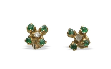 Pair 18K Gold, Diamond and Emerald Earrings