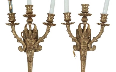 Pair Cast Bronze Neo Classical Swan Figural Triple Light Wall Sconces Electrified