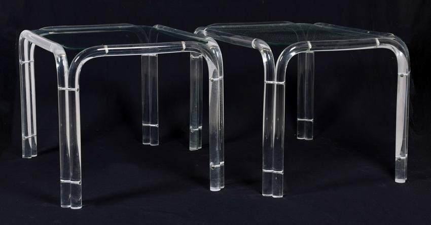 Pair Charles Hollis Jones style Lucite glass top side