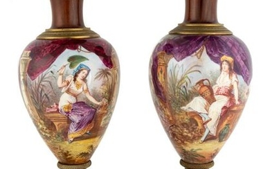 Pair French Hand Painted Enameled Vases