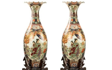 Pair Large Japanese Imari Painted Temple Vases W Stands