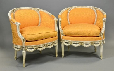 Pair Louis XVI Style Painted Arm Chairs