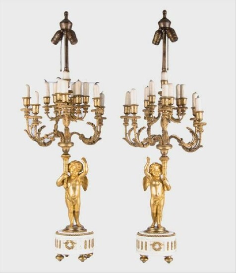 Pair Ormolu Gilt-Bronze And Marble Figural Candelabras