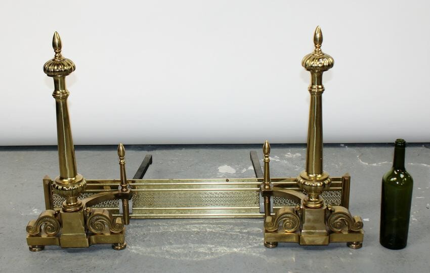 Pair antique American brass andirons with fire fender