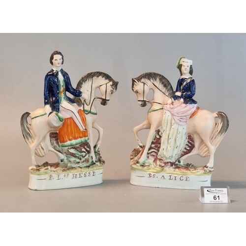 Pair of 19th Century Staffordshire pottery flat backed eques...