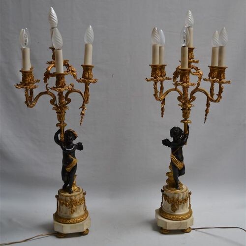 Pair of CANDELABRES in patinated and gilded bronze and white...