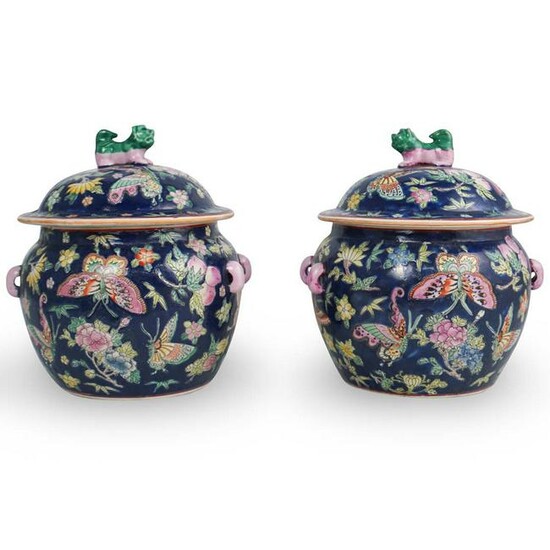 Pair of Chinese Blue Famille Rose Porcelain Urns